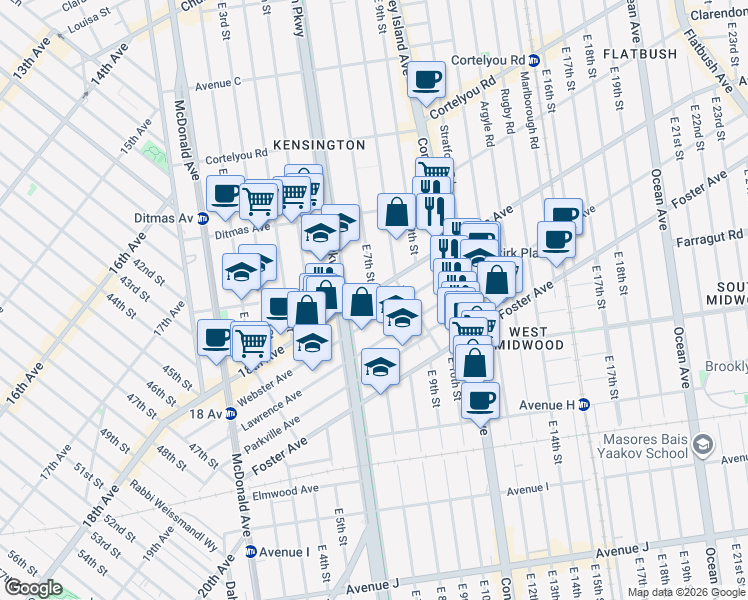 map of restaurants, bars, coffee shops, grocery stores, and more near 3845 18th Avenue in Brooklyn