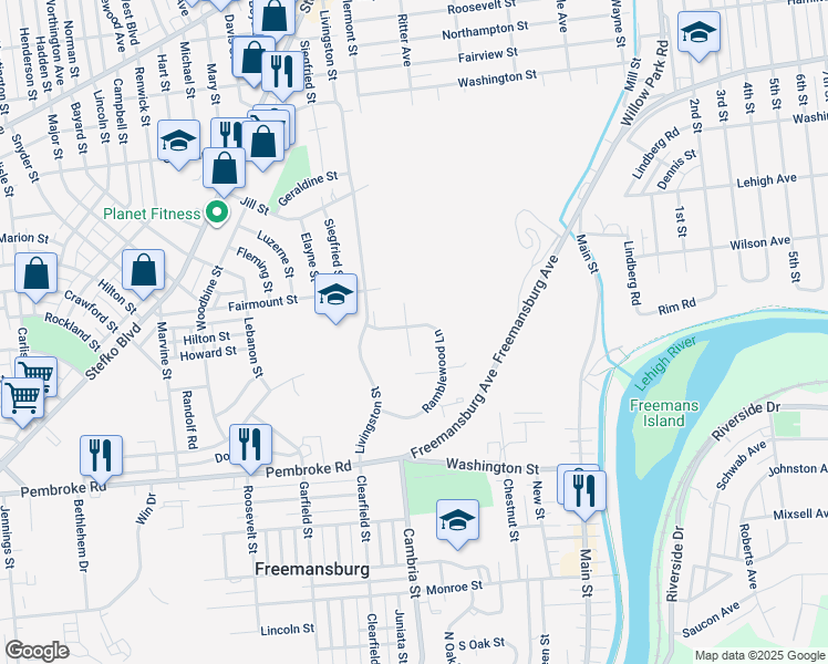 map of restaurants, bars, coffee shops, grocery stores, and more near 601 Abbe Court in Freemansburg