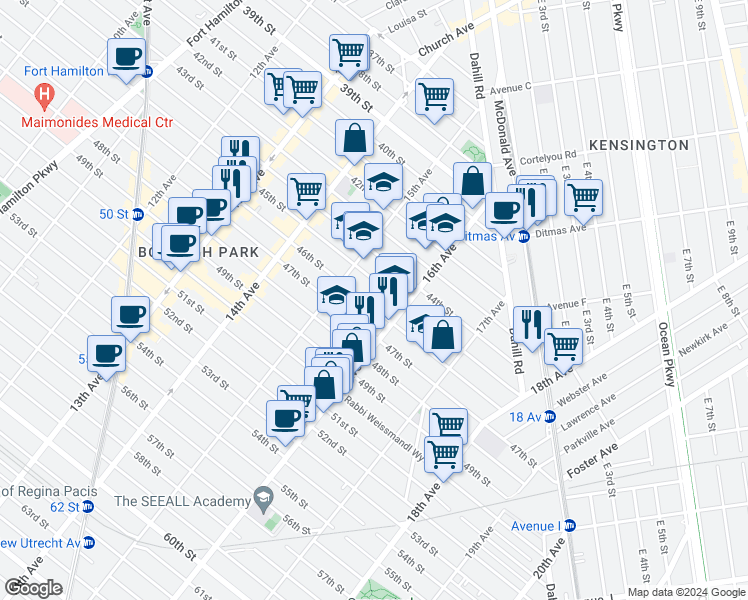 map of restaurants, bars, coffee shops, grocery stores, and more near 1549 46th Street in Brooklyn