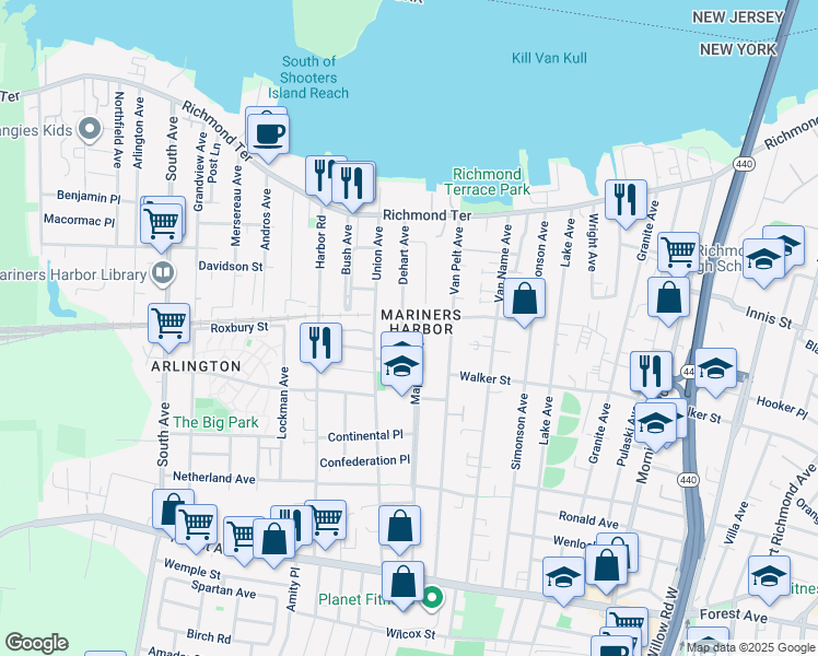 map of restaurants, bars, coffee shops, grocery stores, and more near 121 Dehart Avenue in Staten Island