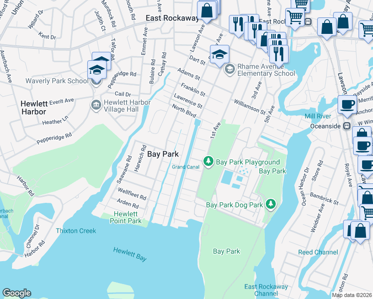 map of restaurants, bars, coffee shops, grocery stores, and more near 2A Martin Street East in East Rockaway
