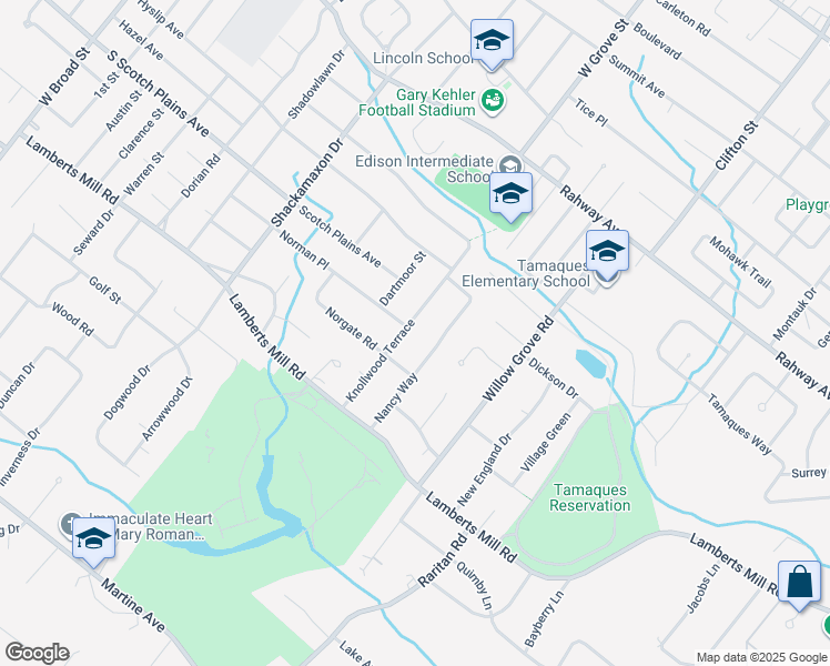 map of restaurants, bars, coffee shops, grocery stores, and more near 827 Knollwood Terrace in Westfield