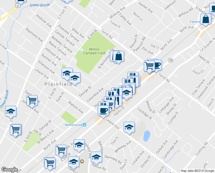map of restaurants, bars, coffee shops, grocery stores, and more near 1312 Columbia Avenue in Plainfield