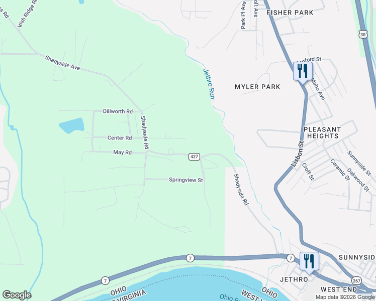map of restaurants, bars, coffee shops, grocery stores, and more near 1542 County Highway 427 in East Liverpool