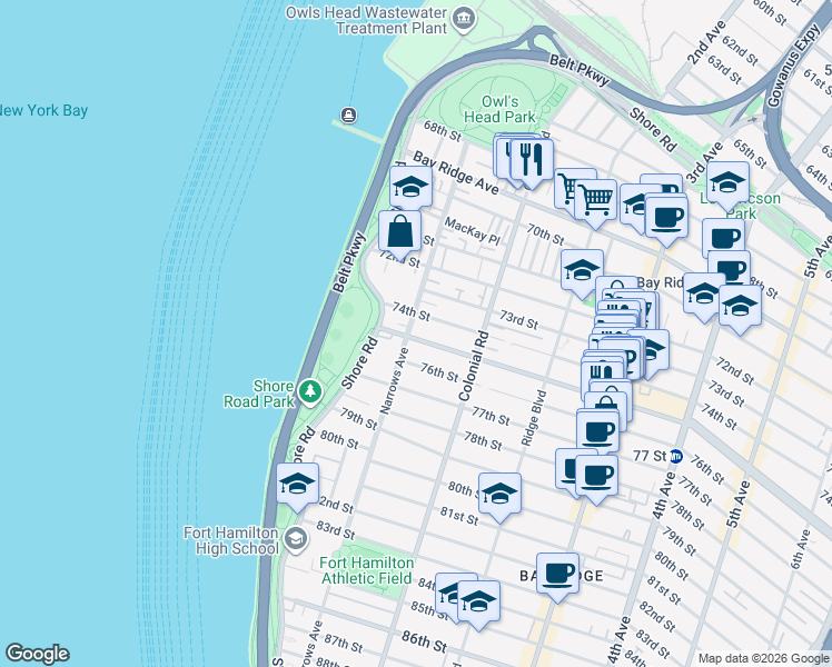 map of restaurants, bars, coffee shops, grocery stores, and more near 7423 Narrows Avenue in Brooklyn