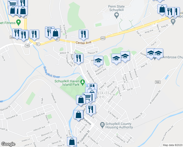 map of restaurants, bars, coffee shops, grocery stores, and more near 119 Haven Street in Schuylkill Haven