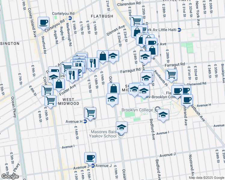 map of restaurants, bars, coffee shops, grocery stores, and more near 1180 Ocean Avenue in Brooklyn