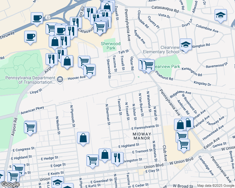 map of restaurants, bars, coffee shops, grocery stores, and more near 2001 East Columbia Street in Allentown