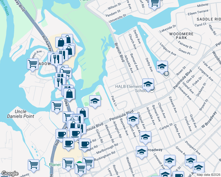 map of restaurants, bars, coffee shops, grocery stores, and more near 481 Harbor Drive in Cedarhurst