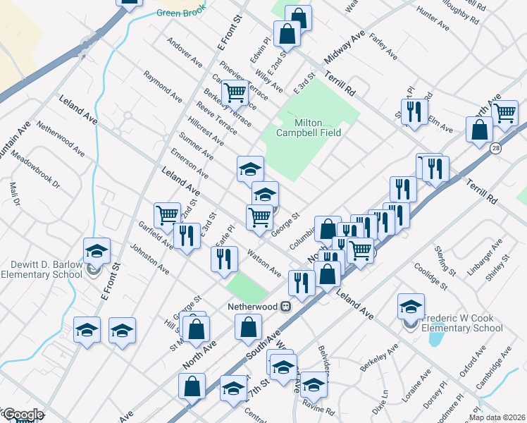 map of restaurants, bars, coffee shops, grocery stores, and more near 353 Emerson Avenue in Plainfield