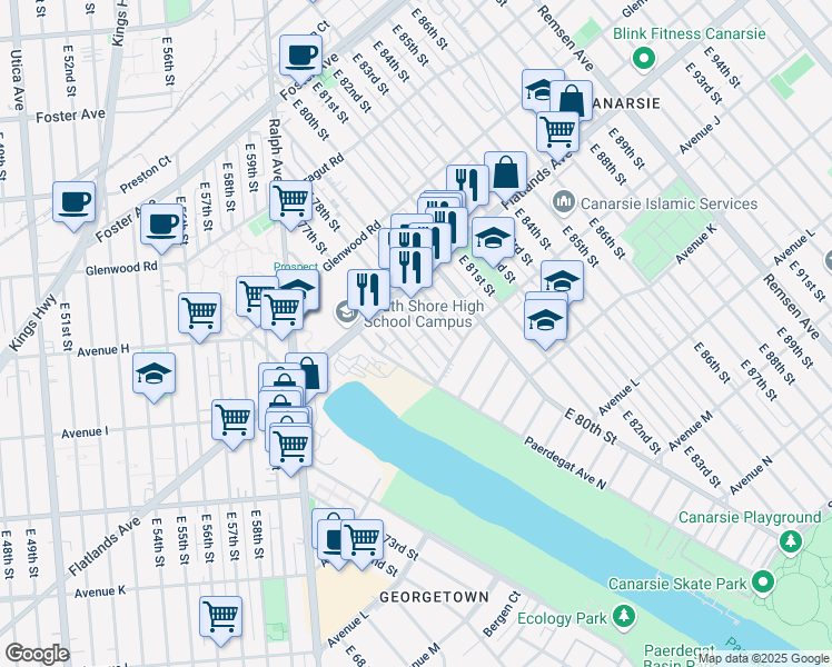 map of restaurants, bars, coffee shops, grocery stores, and more near 946 East 78th Street in Brooklyn