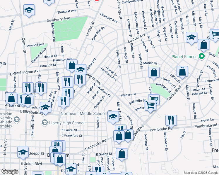 map of restaurants, bars, coffee shops, grocery stores, and more near 621 E Washington Ave in Bethlehem