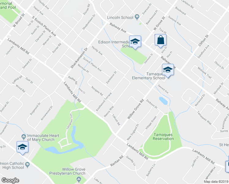 map of restaurants, bars, coffee shops, grocery stores, and more near 827 Knollwood Terrace in Westfield