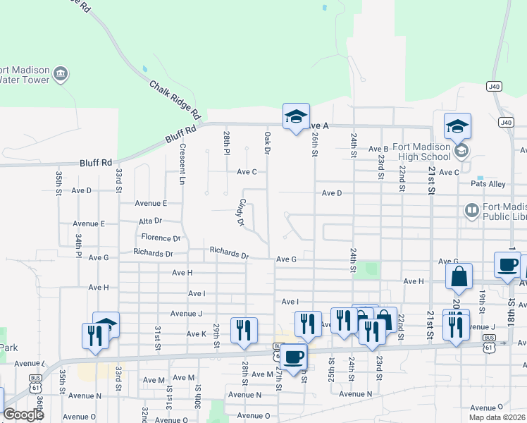 map of restaurants, bars, coffee shops, grocery stores, and more near 19 Oak Drive in Fort Madison