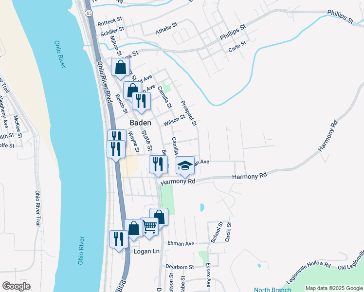 map of restaurants, bars, coffee shops, grocery stores, and more near 614 Steele Street in Baden