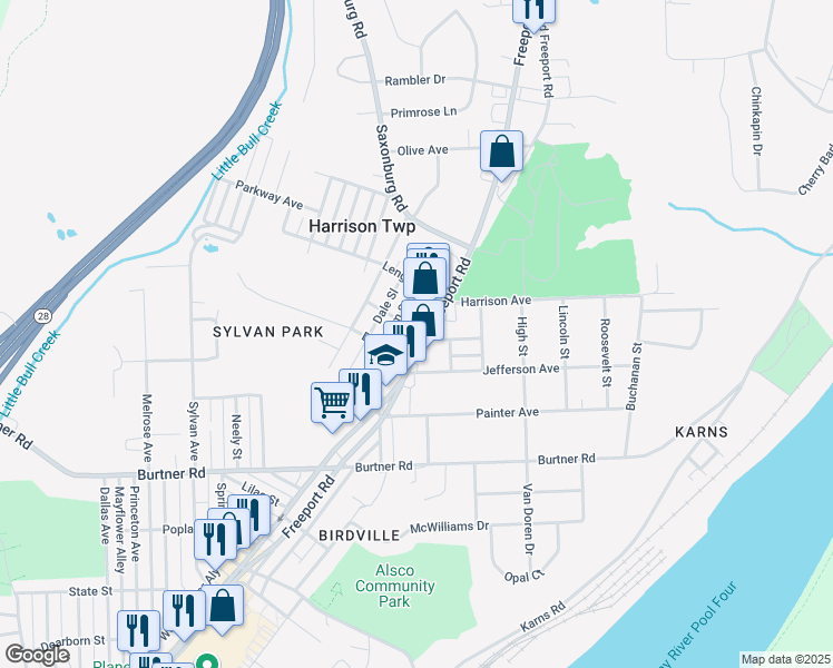 map of restaurants, bars, coffee shops, grocery stores, and more near 2511 Freeport Road in Natrona Heights
