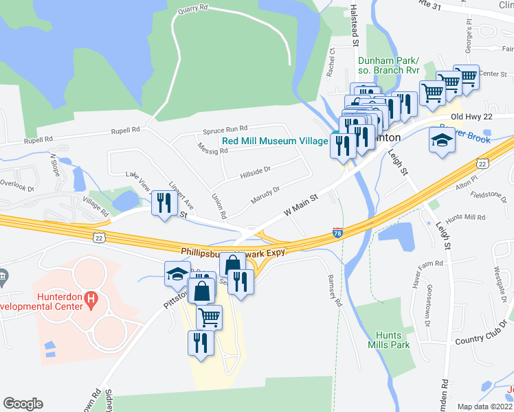 map of restaurants, bars, coffee shops, grocery stores, and more near 12 Marudy Drive in Clinton