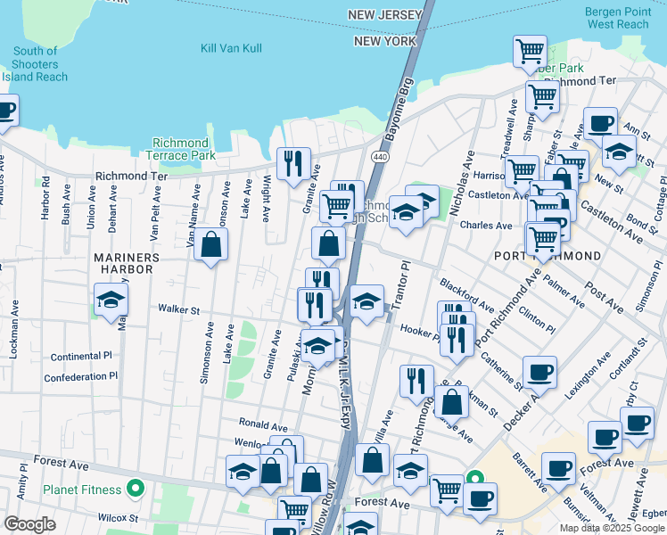 map of restaurants, bars, coffee shops, grocery stores, and more near 184 Morningstar Road in Staten Island