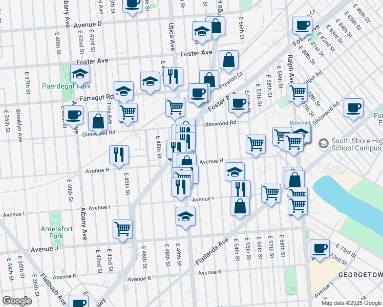 map of restaurants, bars, coffee shops, grocery stores, and more near 1130 East 51st Street in Brooklyn