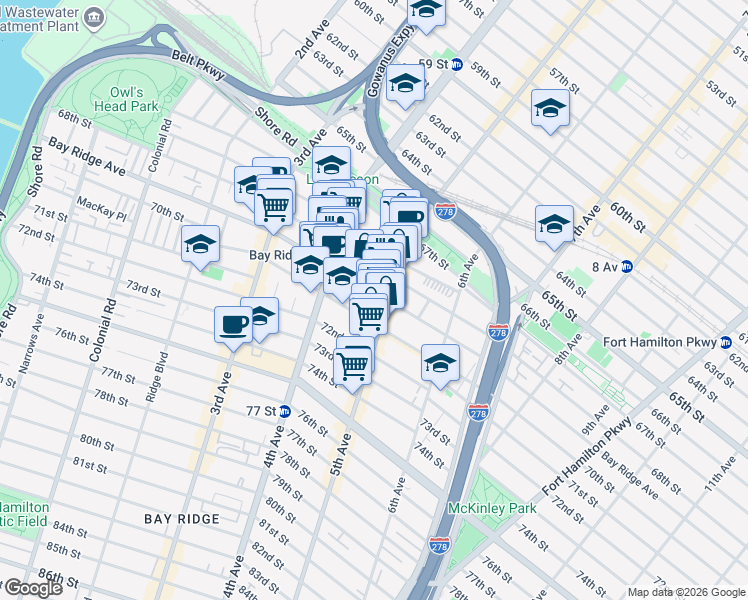 map of restaurants, bars, coffee shops, grocery stores, and more near 466 Bay Ridge Avenue in Brooklyn