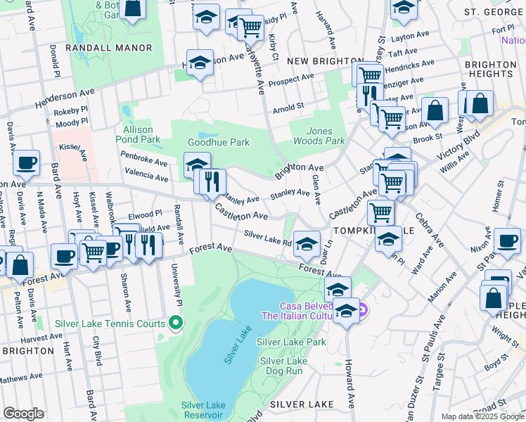 map of restaurants, bars, coffee shops, grocery stores, and more near 349 Castleton Avenue in Staten Island