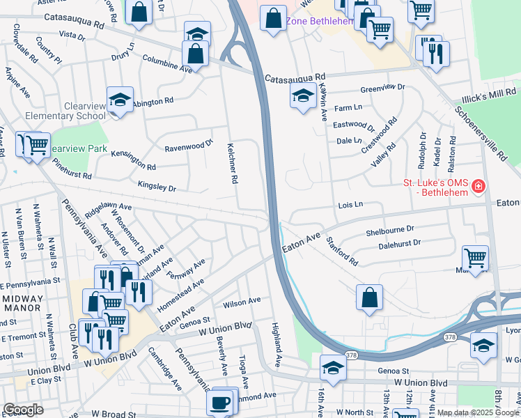 map of restaurants, bars, coffee shops, grocery stores, and more near in Bethlehem
