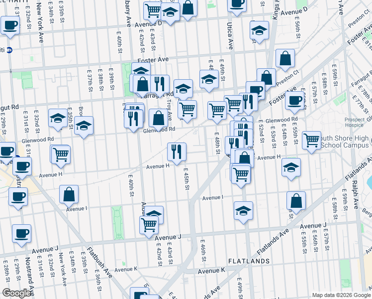 map of restaurants, bars, coffee shops, grocery stores, and more near 4501 Glendale Court in Brooklyn