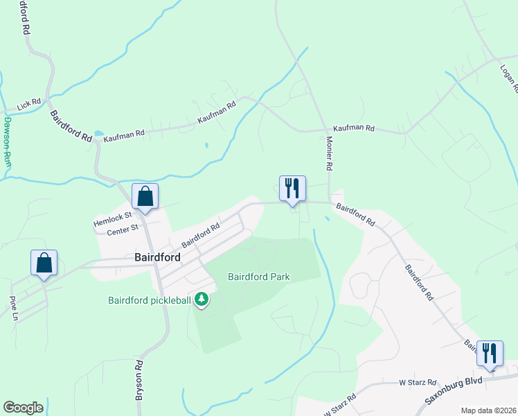 map of restaurants, bars, coffee shops, grocery stores, and more near 502 Bairdford Road in Bairdford