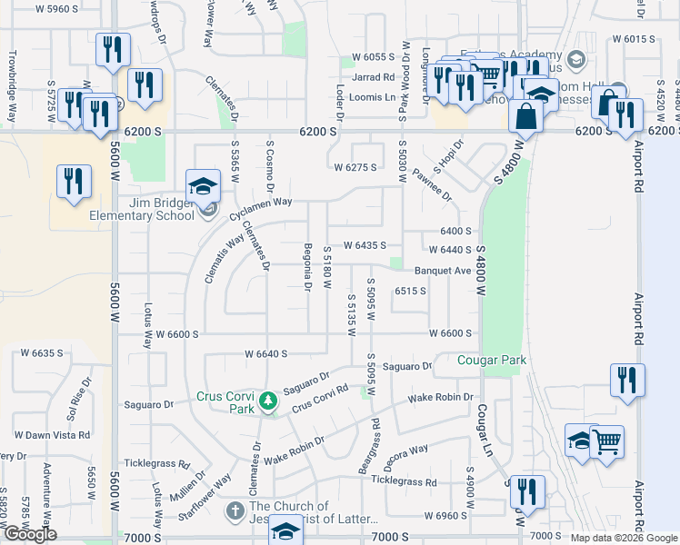 map of restaurants, bars, coffee shops, grocery stores, and more near 5157 Banquet Avenue in West Jordan