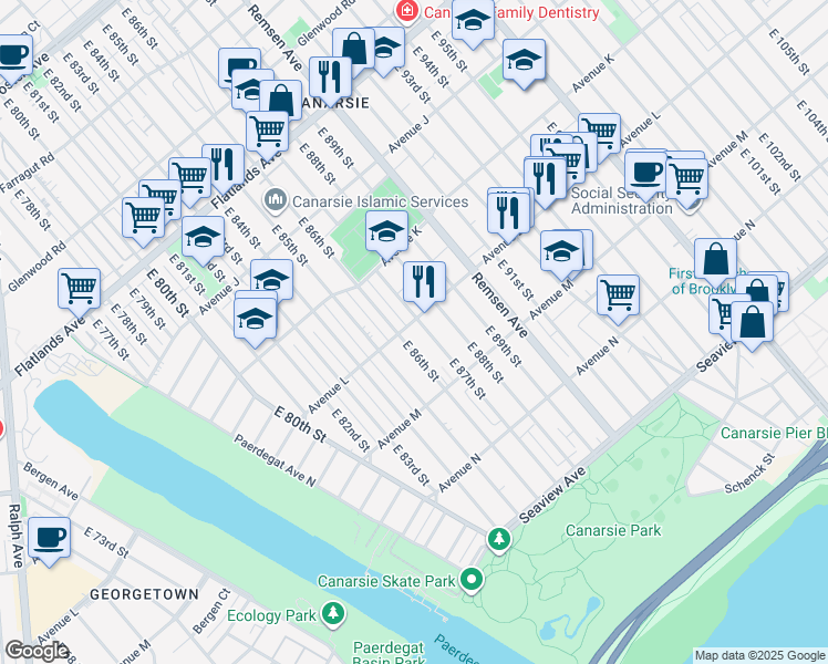map of restaurants, bars, coffee shops, grocery stores, and more near 1183 East 86th Street in Brooklyn