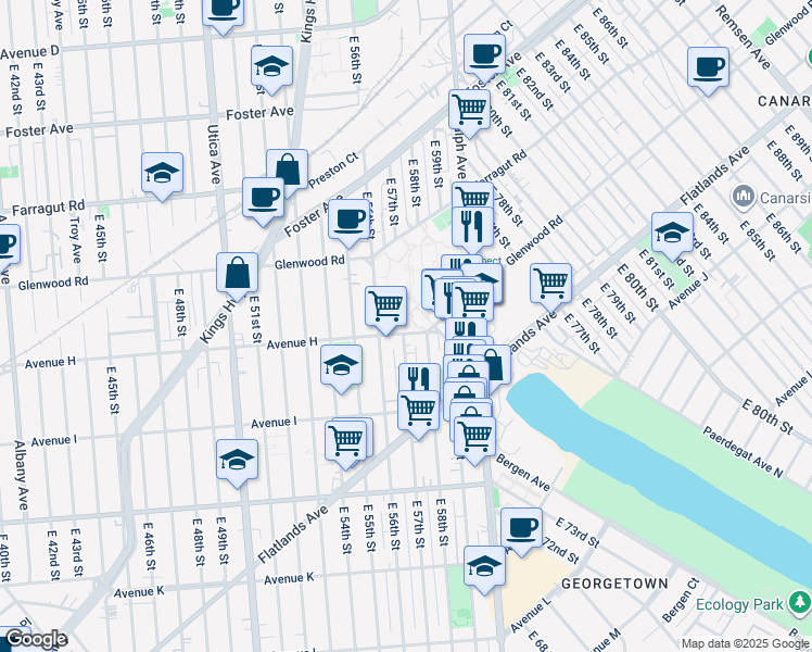 map of restaurants, bars, coffee shops, grocery stores, and more near 5705 Avenue H in Brooklyn