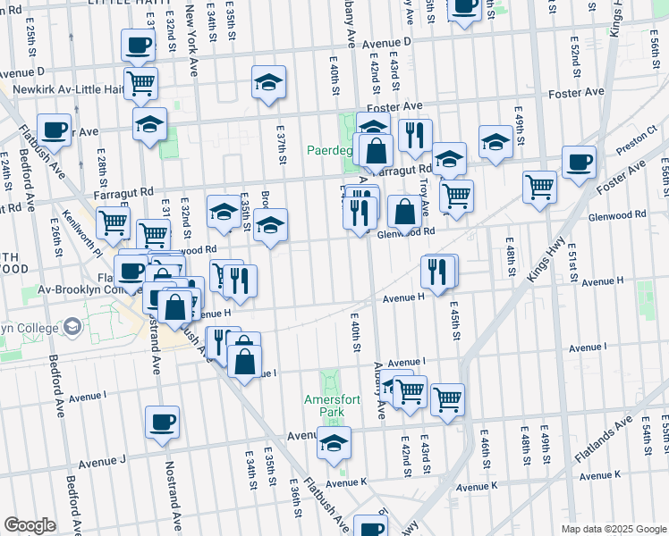 map of restaurants, bars, coffee shops, grocery stores, and more near 960 East 39th Street in Brooklyn
