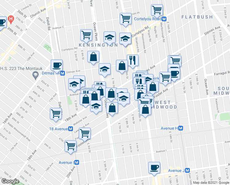 map of restaurants, bars, coffee shops, grocery stores, and more near 3845 18th Avenue in Brooklyn