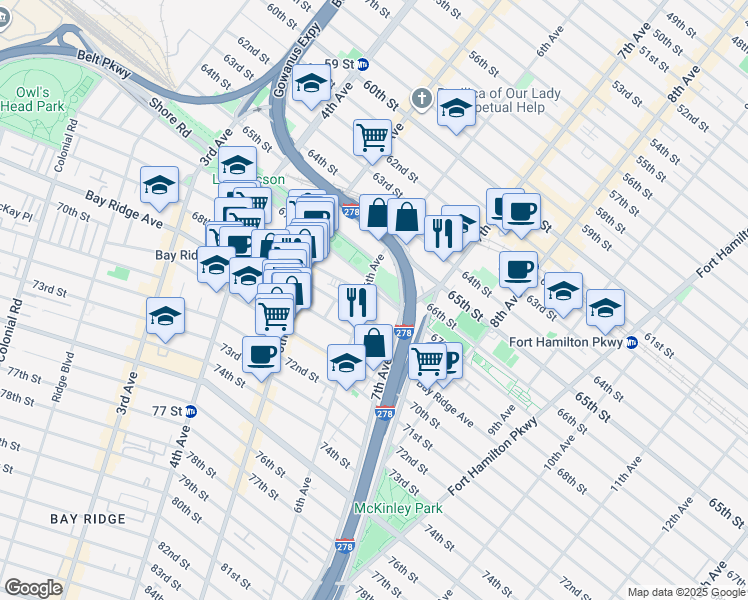 map of restaurants, bars, coffee shops, grocery stores, and more near 618 67th Street in Brooklyn