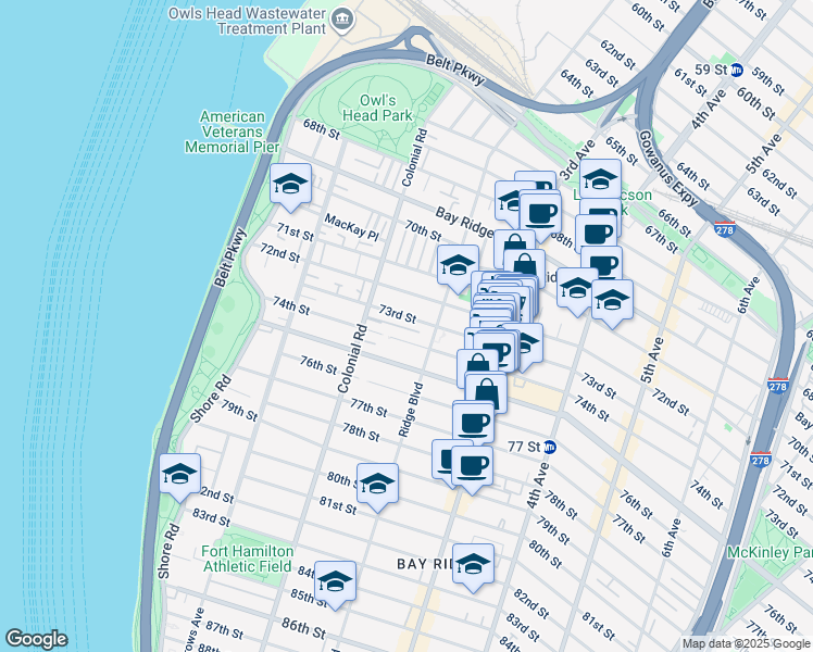 map of restaurants, bars, coffee shops, grocery stores, and more near 174 73rd Street in Brooklyn