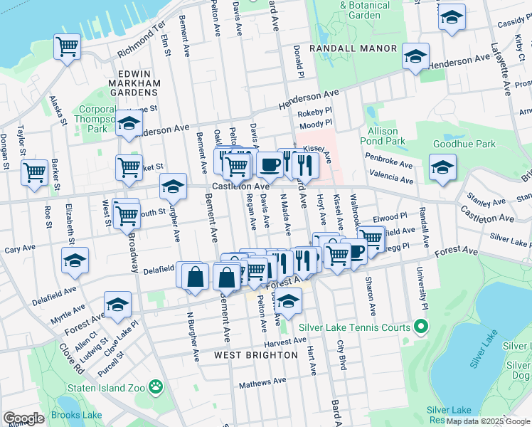 map of restaurants, bars, coffee shops, grocery stores, and more near 412 Davis Avenue in Staten Island
