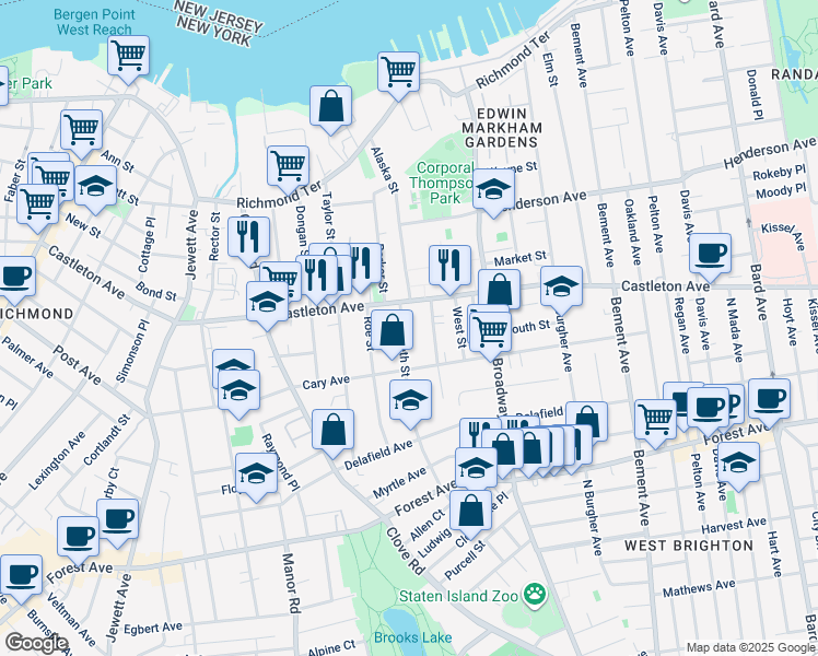 map of restaurants, bars, coffee shops, grocery stores, and more near 26 Elizabeth Street in Staten Island