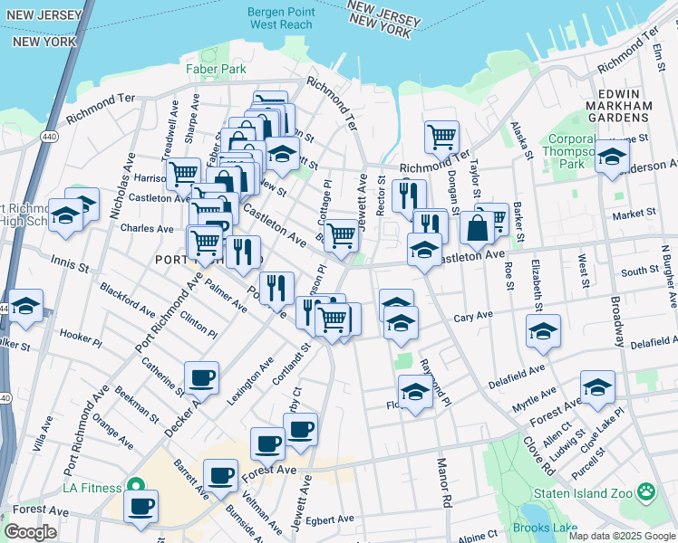 map of restaurants, bars, coffee shops, grocery stores, and more near 152 Jewett Avenue in Staten Island