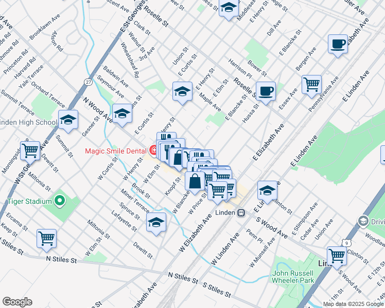 map of restaurants, bars, coffee shops, grocery stores, and more near 101 East Blancke Street in Linden
