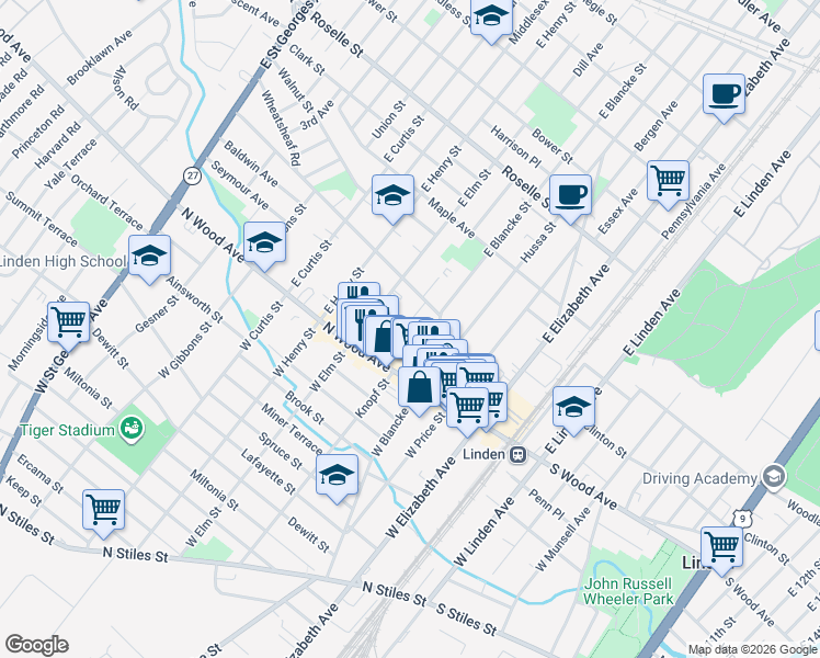map of restaurants, bars, coffee shops, grocery stores, and more near 100 Luttgen Place in Linden