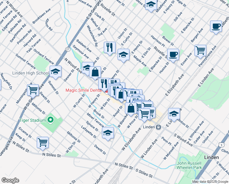 map of restaurants, bars, coffee shops, grocery stores, and more near 510 North Wood Avenue in Linden
