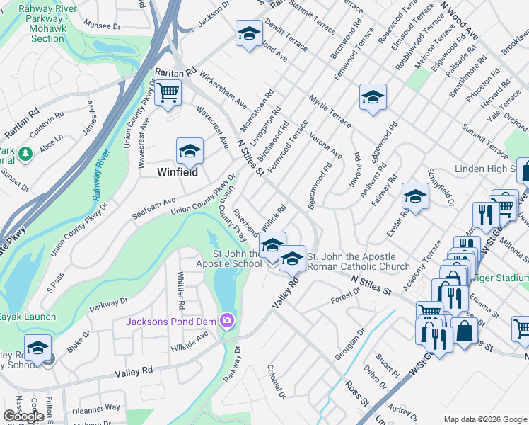map of restaurants, bars, coffee shops, grocery stores, and more near 741 Haven Place in Linden