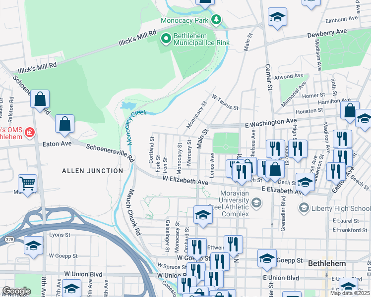 map of restaurants, bars, coffee shops, grocery stores, and more near 1452 Monocacy Street in Bethlehem