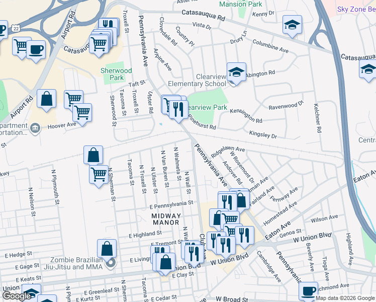 map of restaurants, bars, coffee shops, grocery stores, and more near 1345 North Wahneta Street in Allentown