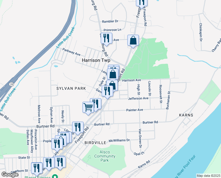 map of restaurants, bars, coffee shops, grocery stores, and more near 2511 Freeport Road in Natrona Heights