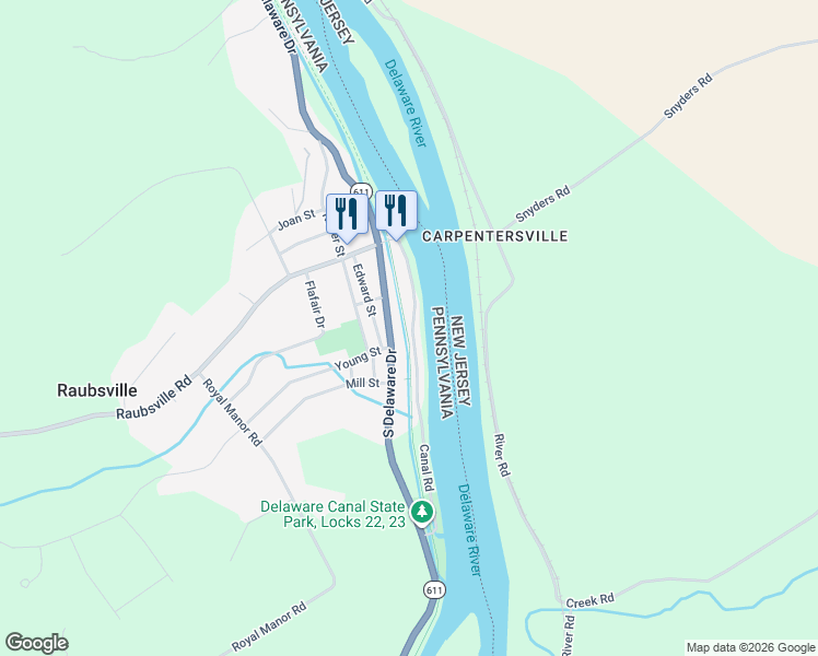 map of restaurants, bars, coffee shops, grocery stores, and more near 109 Canal Road in Northampton County
