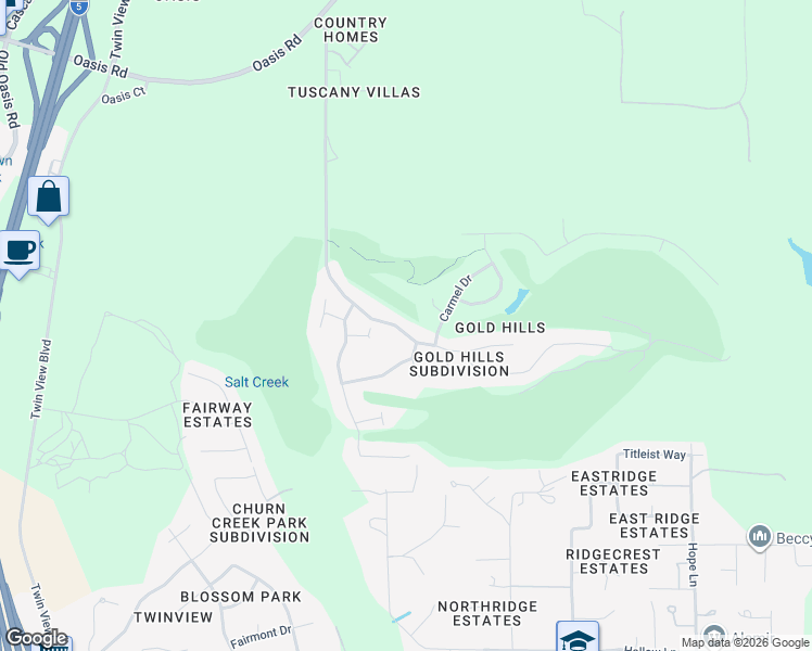 map of restaurants, bars, coffee shops, grocery stores, and more near 1729 Gold Hills Drive in Redding