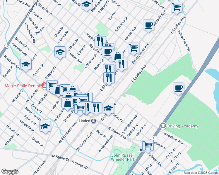 map of restaurants, bars, coffee shops, grocery stores, and more near 7 Maple Avenue in Linden