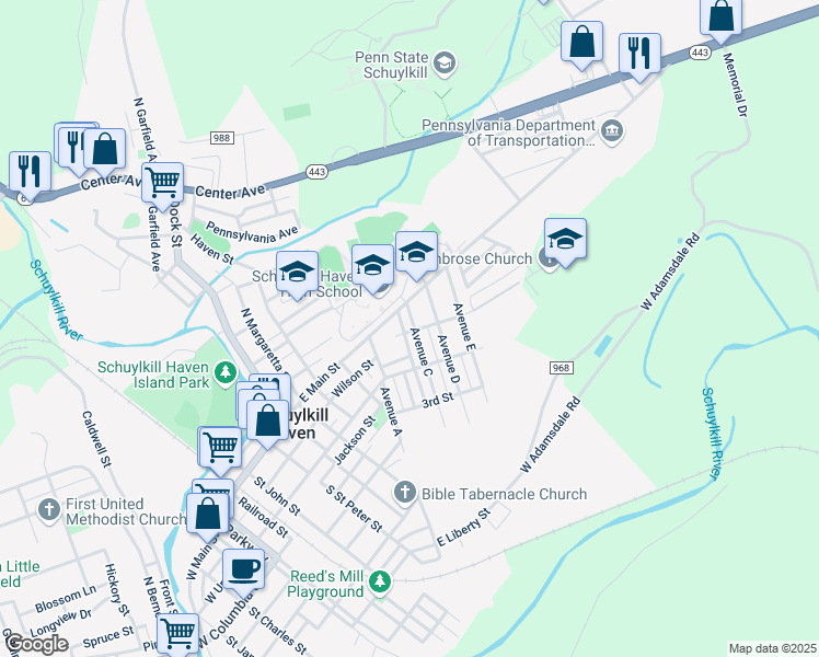 map of restaurants, bars, coffee shops, grocery stores, and more near 48 Avenue C in Schuylkill Haven