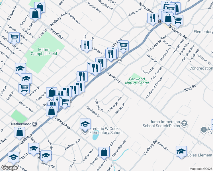 map of restaurants, bars, coffee shops, grocery stores, and more near 1443 East 7th Street in Plainfield